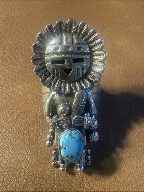 Inspired Sunface Kachina Ring with Turquoise Stone  Sterling Silver